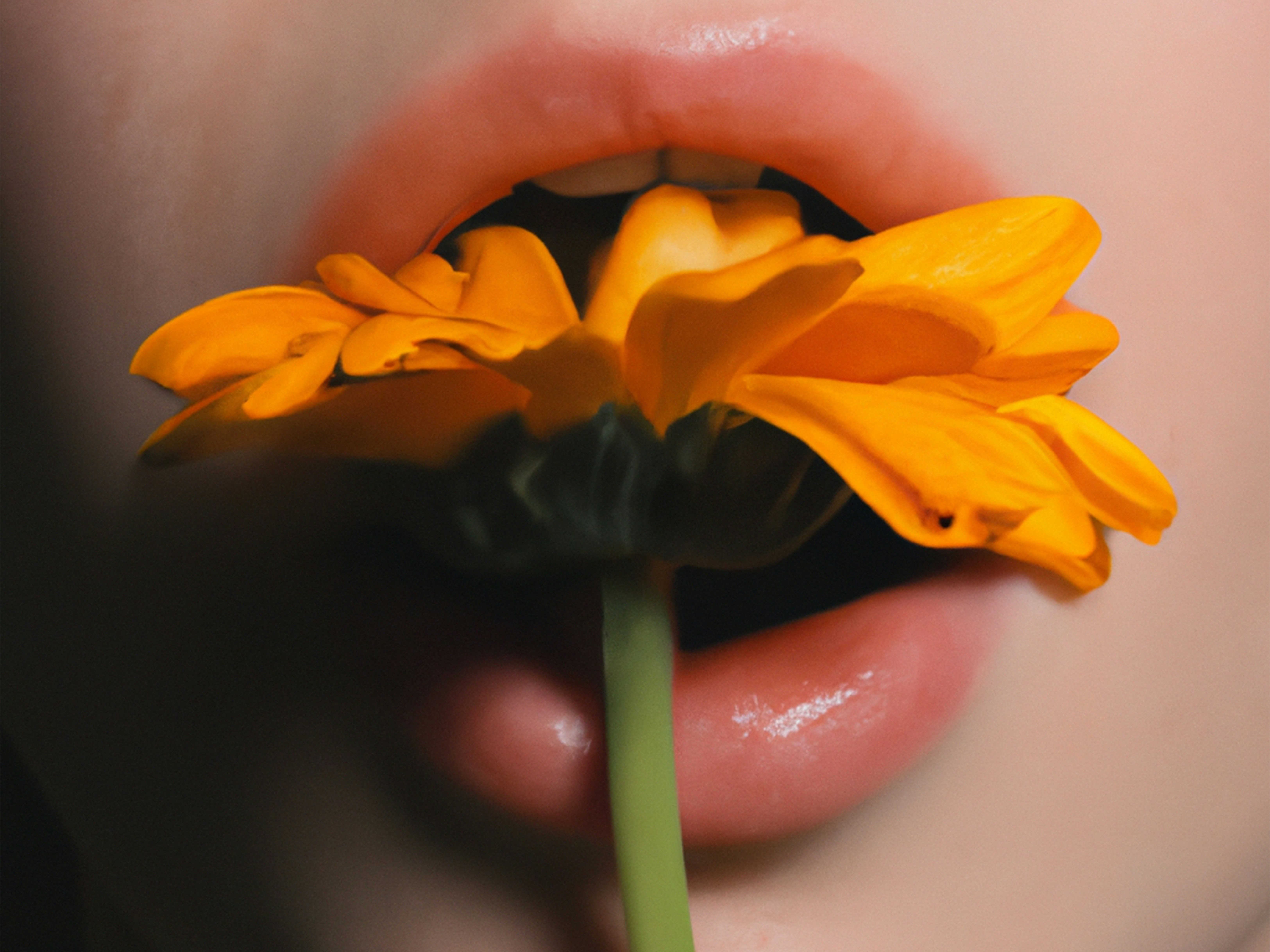 Tight photo of lips about to eat a yellow flower.